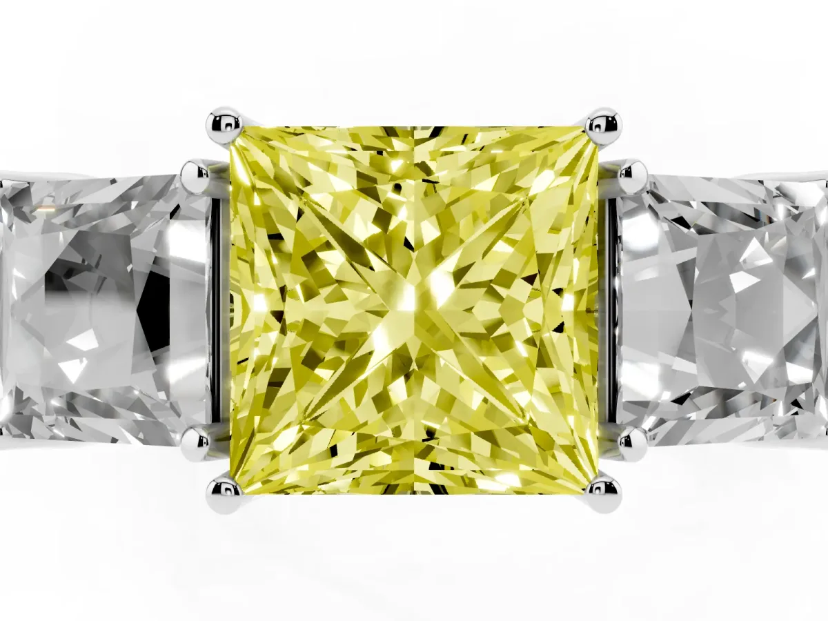 Fancy Yellow Three-Stone Princess Cut Cut Milgrain Pavé Engagement Ring Silver