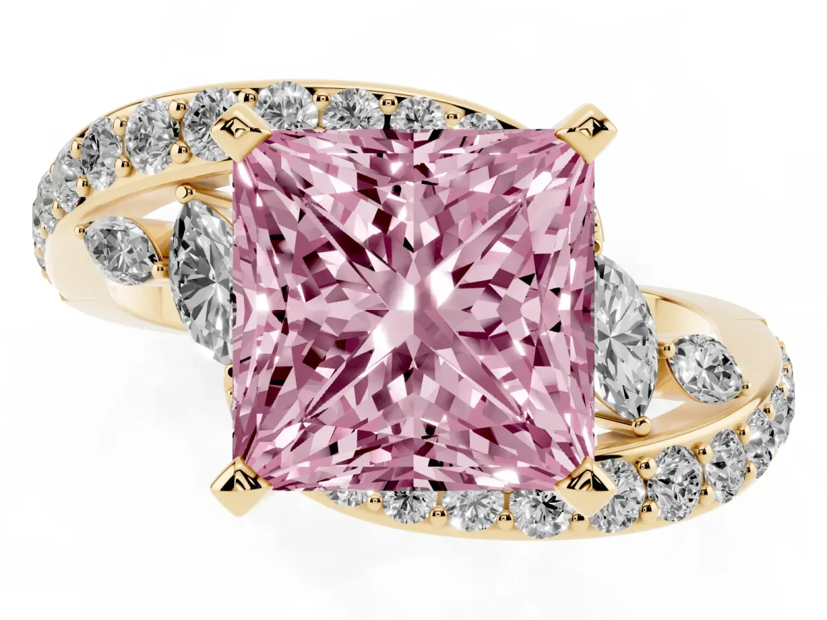 Fancy Pink Princess Cut Solitaire with Pavé Twist Band and Four-Prong Setting Yellow gold