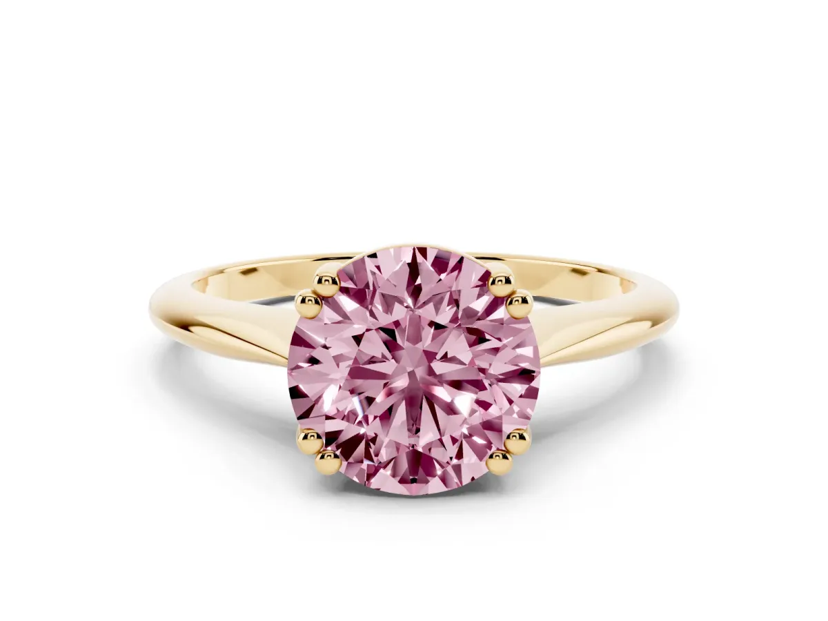 Fancy Pink Round Cut Solitaire Diamond Ring with Six-Prong Setting and Classic Band Yellow gold