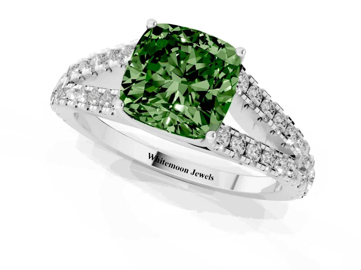 Fancy Green Cushion Cut Diamond Split Shank Engagement Ring with Round Pavé and Prong Setting Silver