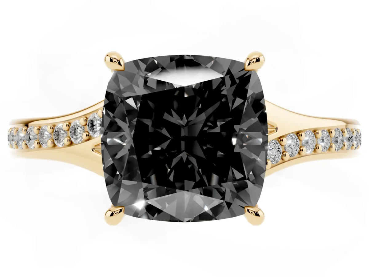 Fancy Black Cushion Cut Diamond Solitaire Ring with Pavé Band and Prong Setting Yellow gold