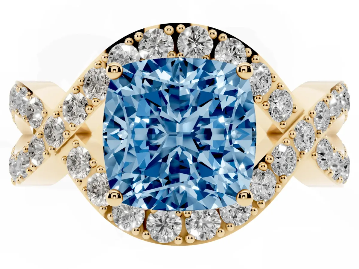 Fancy Blue Cushion Cut Solitaire Twist Band Pavé Diamond Engagement Ring Yellow gold