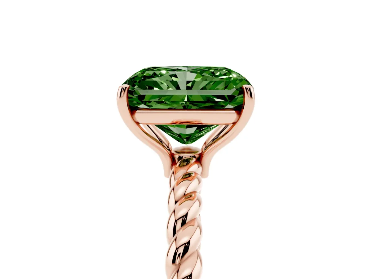 Fancy Green Radiant Cut Solitaire Twist Band Ring with Four-Prong Setting Rose gold