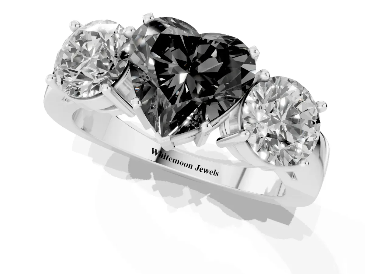 Fancy Black Three-Stone Heart Cut Diamond Ring with Round Side Stones, Classic Band, and Four-Prong Setting White gold