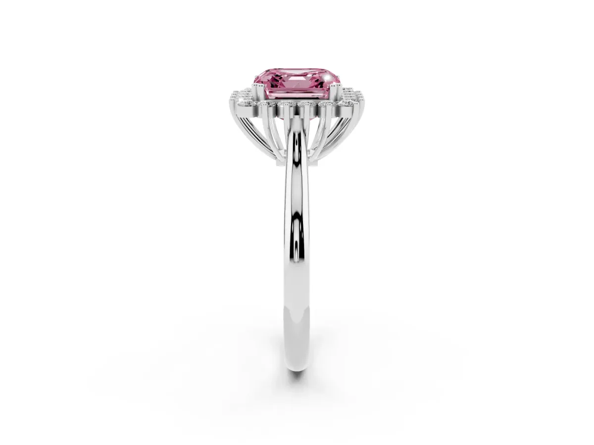 Fancy Pink Asscher Cut Cut Diamond Halo Ring with Solitaire Band and Prong Setting Platinum