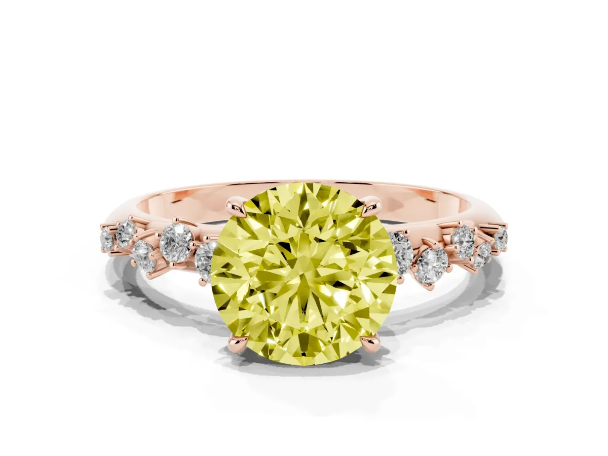 Fancy Yellow Round Cut Diamond Cluster Side Stone Solitaire Ring with Prong Setting Rose gold
