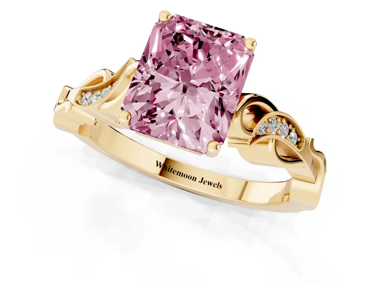 Fancy Pink Radiant Cut Solitaire Vine Band with Milgrain Prong Setting Yellow gold