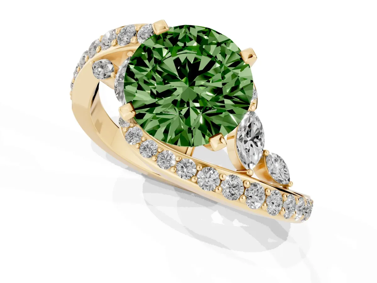 Fancy Green Round Cut Solitaire with Pavé Twist Band and Four-Prong Setting Yellow gold