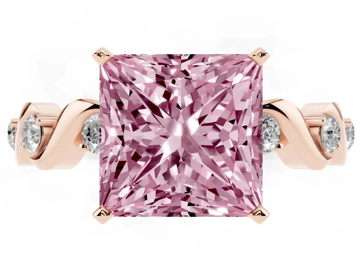 Fancy Pink Princess Cut Diamond Solitaire Twisted Band with Round Accents and Prong Setting Rose gold