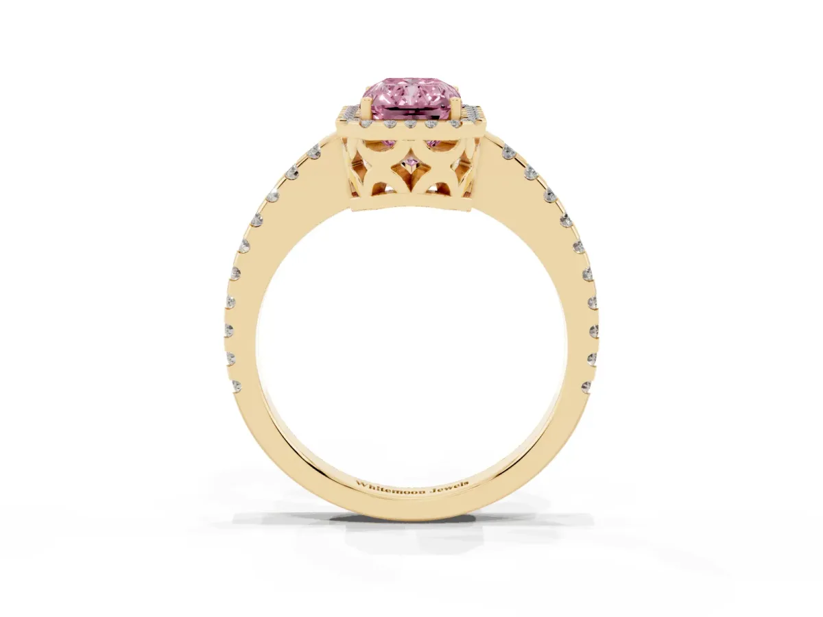 Fancy Pink Radiant Cut Diamond Halo Engagement Ring with Pavé Band and Prong Setting Yellow gold