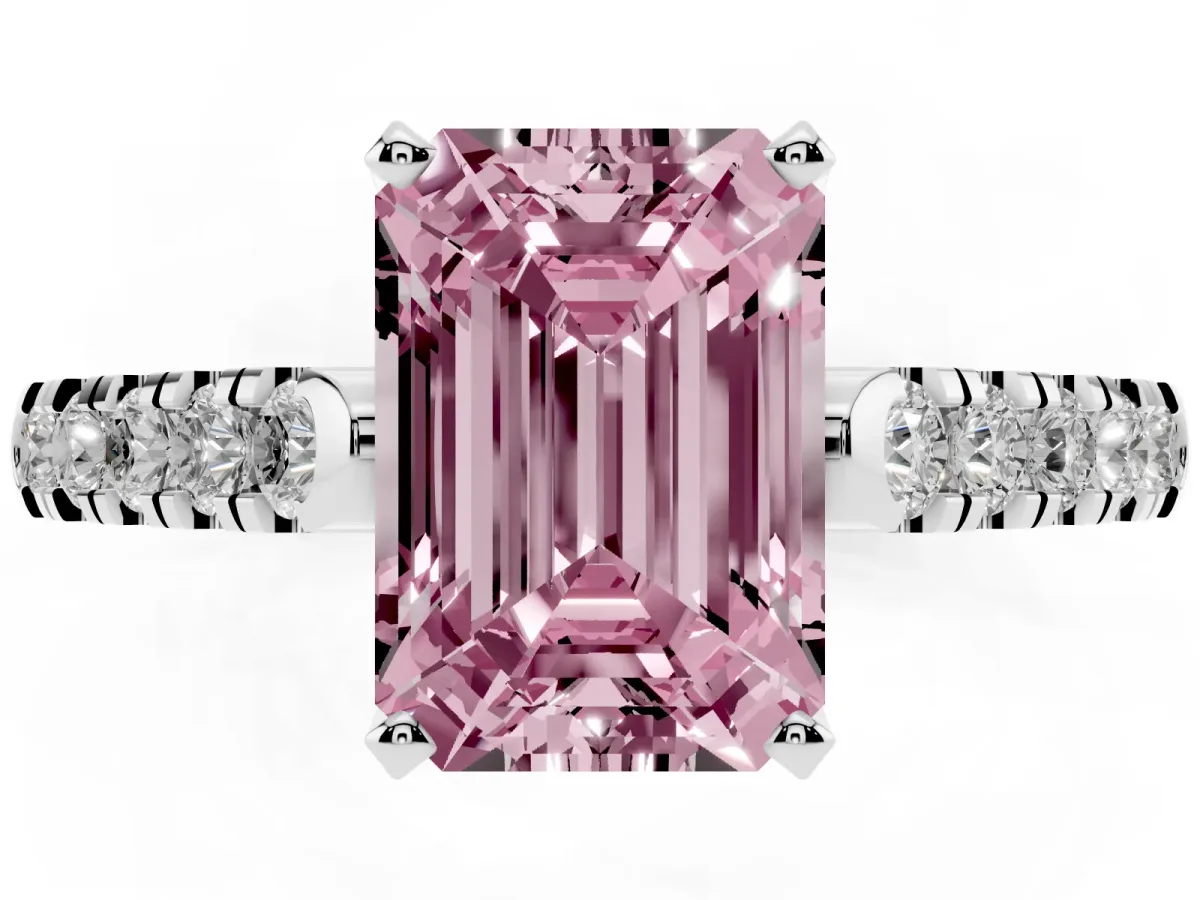 Fancy Pink Emerald Cut Diamond Pavé Band Solitaire Ring with Prong Setting Platinum