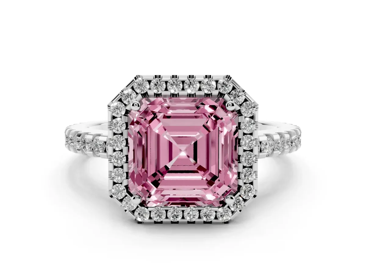 Fancy Pink Asscher Cut Diamond Halo Engagement Ring with Pavé Band and Prong Setting White gold