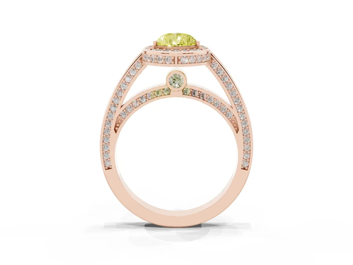 Fancy Yellow Pear Cut Cut Halo Pave Split Shank Prong Setting Ring Rose gold