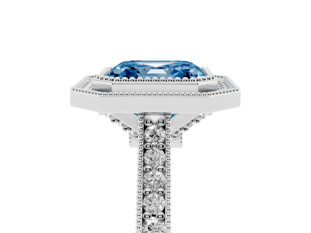 Fancy Blue Halo Asscher Cut-Cut Diamond Pave Band Milgrain Prong Setting Ring Platinum