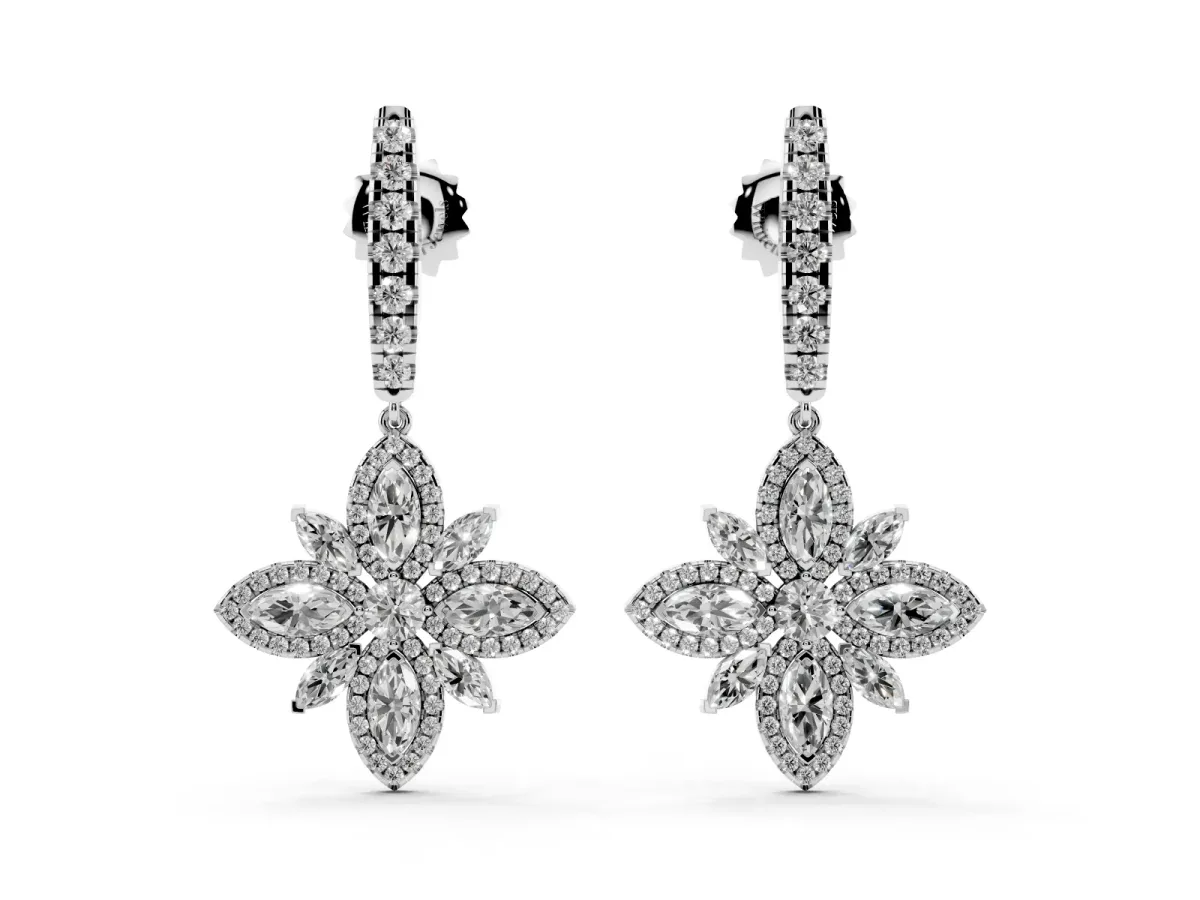 Marquise and Round Diamond Floral Huggie Drop Earrings Silver