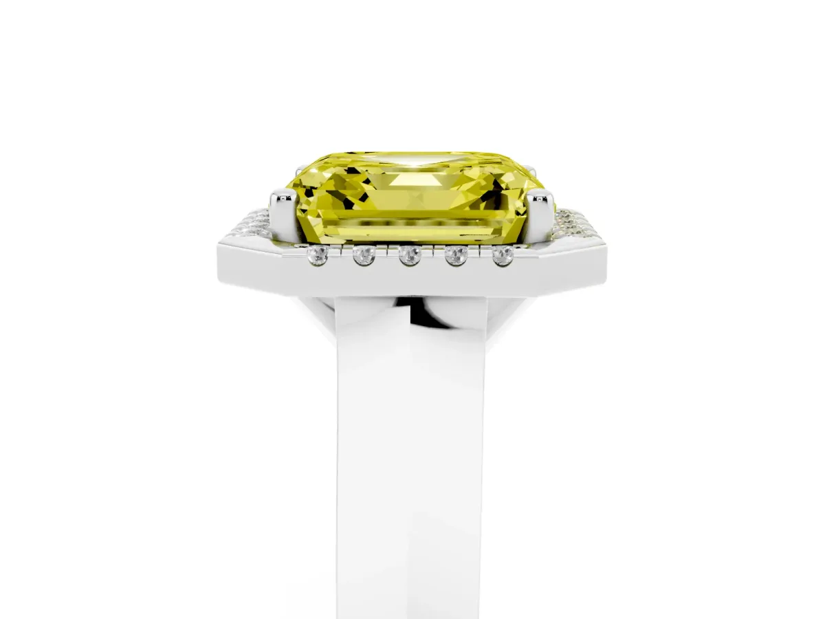 Fancy Yellow Asscher Cut Halo Diamond Ring with Cathedral Band and Four-Prong Setting Silver