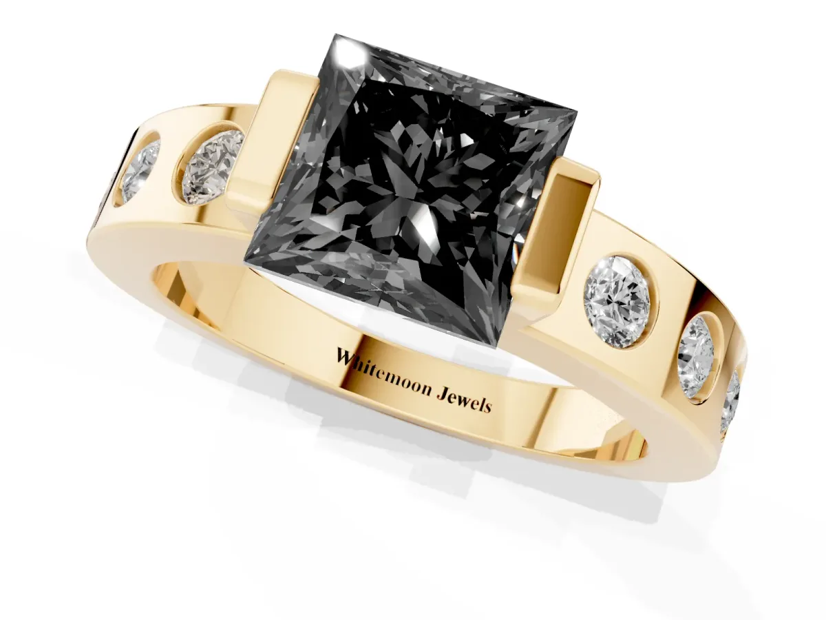 Fancy Black Princess Cut Brilliant Channel-Set Diamond Ring with Bezel Prong Setting Yellow gold