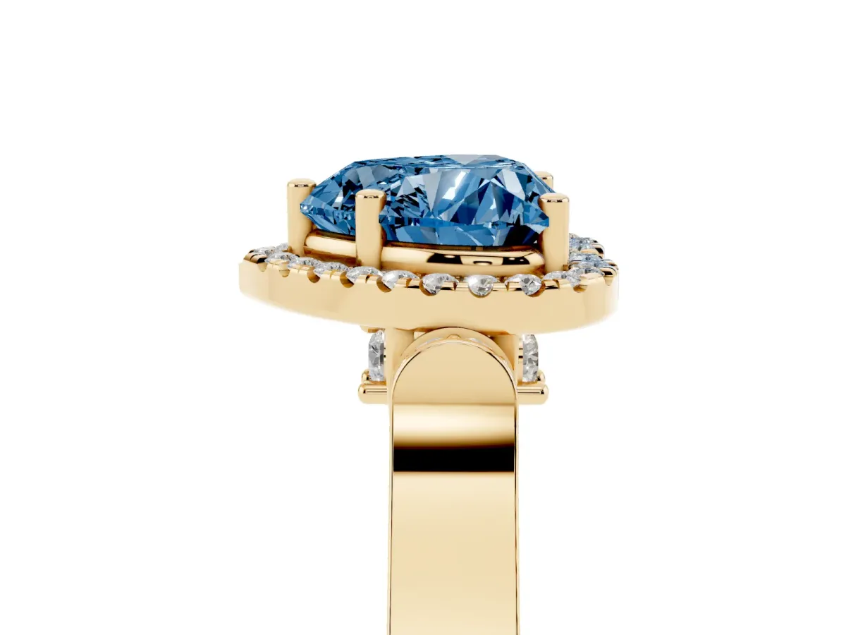 Fancy Blue Heart Cut Halo Pave Split Shank Prong Setting Ring Yellow gold