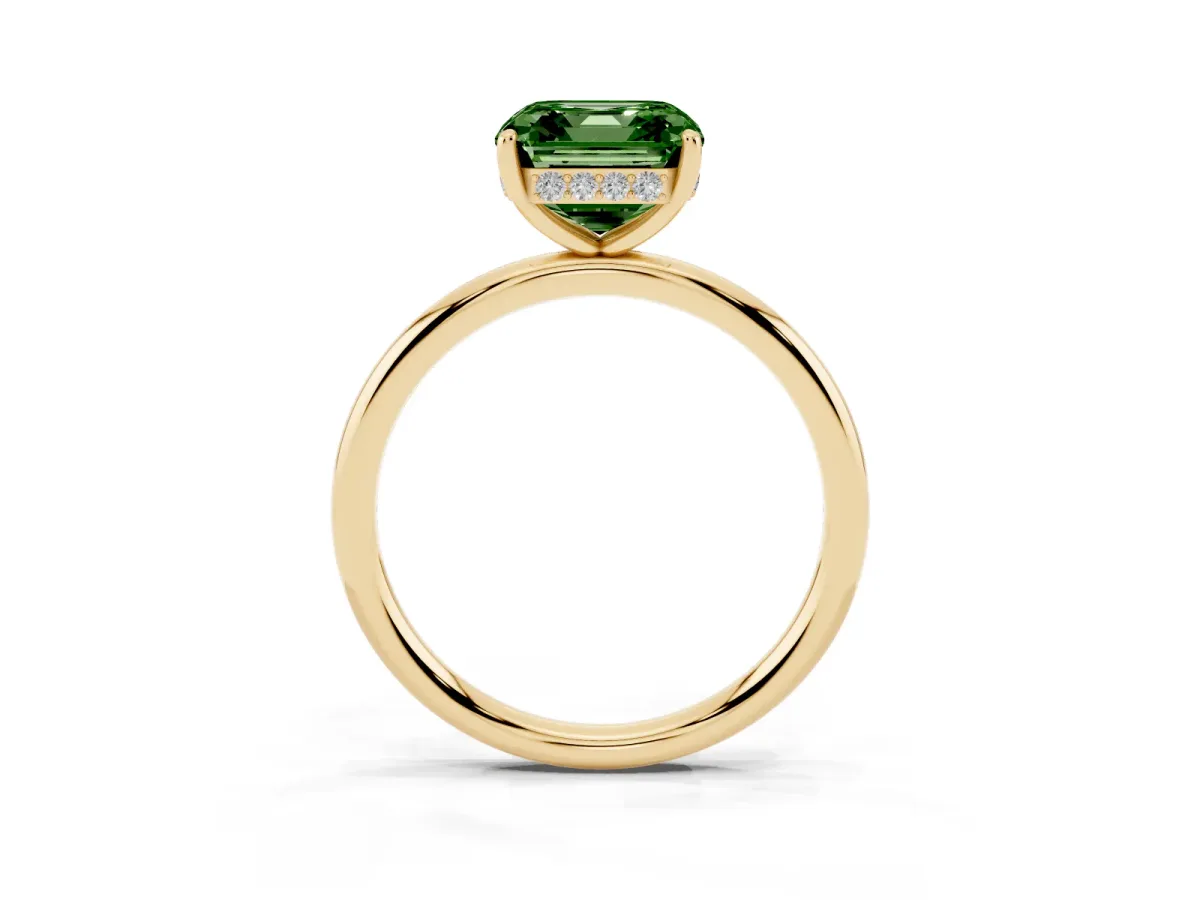 Fancy Green Asscher Cut Solitaire Diamond Ring with a Classic Band and Four-Prong Setting Yellow gold