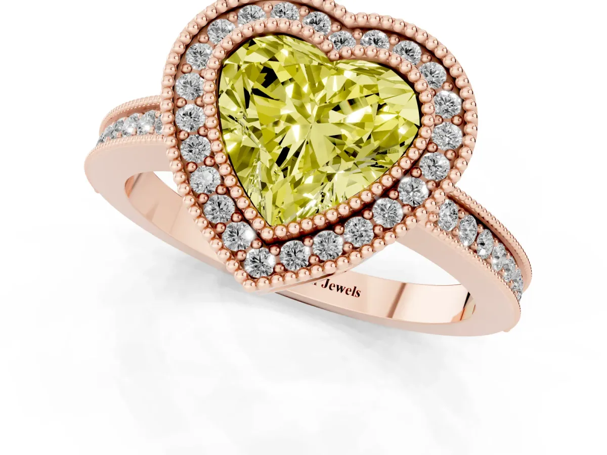 Fancy Yellow Heart Cut Cut Halo Diamond Ring with Pavé Band and Milgrain Prong Setting Rose gold