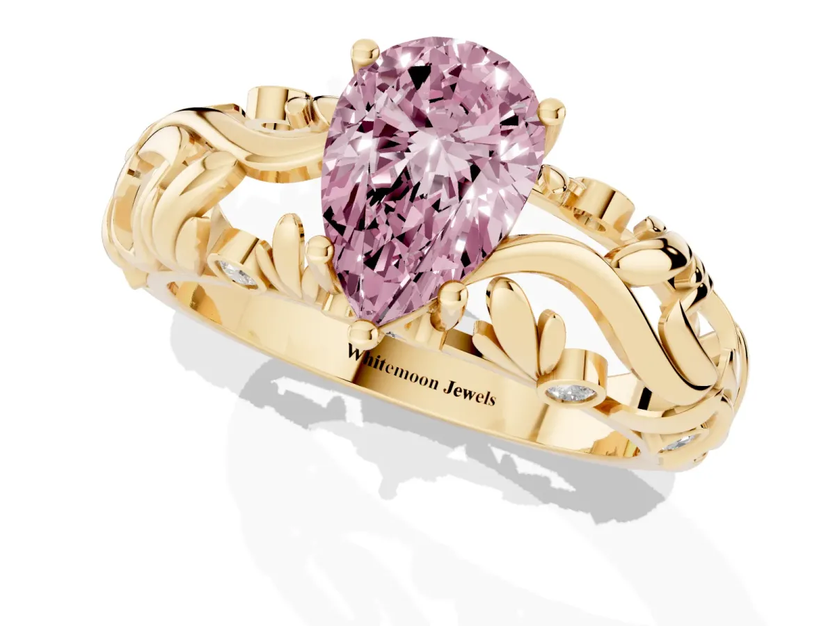 Fancy Pink Pear Cut Solitaire Diamond Leaf-Inspired Vine Band Ring with Prong Setting Yellow gold