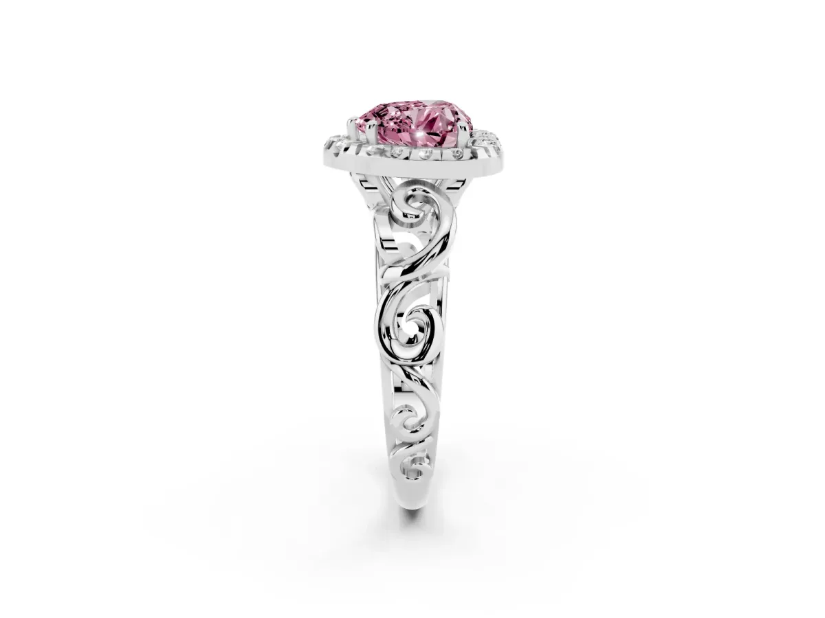 Fancy Pink Heart Cut Cut Halo Diamond Ring with Scrollwork Band and Four-Prong Setting Silver