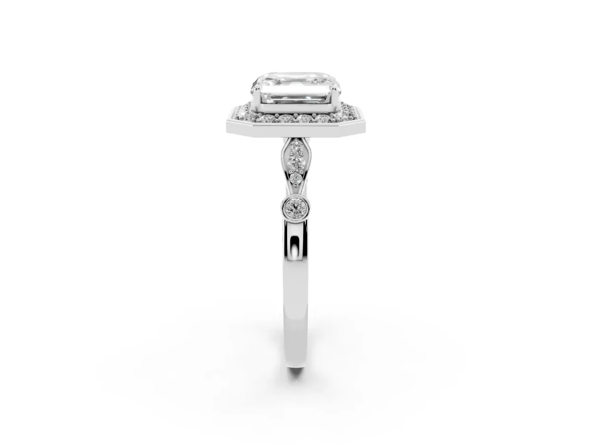 Asscher Cut Halo Diamond Engagement Ring with Twisted Band and Four-Prong Setting White gold