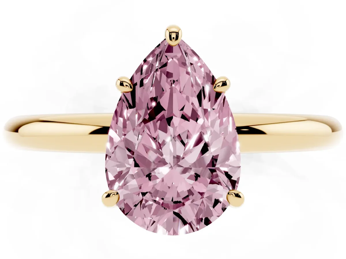 Fancy Pink Pear Cut Solitaire Diamond Ring with Four-Prong Setting on a Plain Band Yellow gold