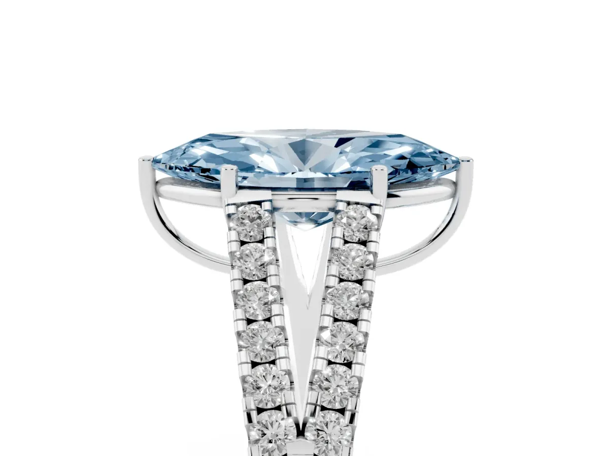 Fancy Blue Marquise Cut Diamond Split Shank Pavé Engagement Ring with Four-Prong Setting Platinum