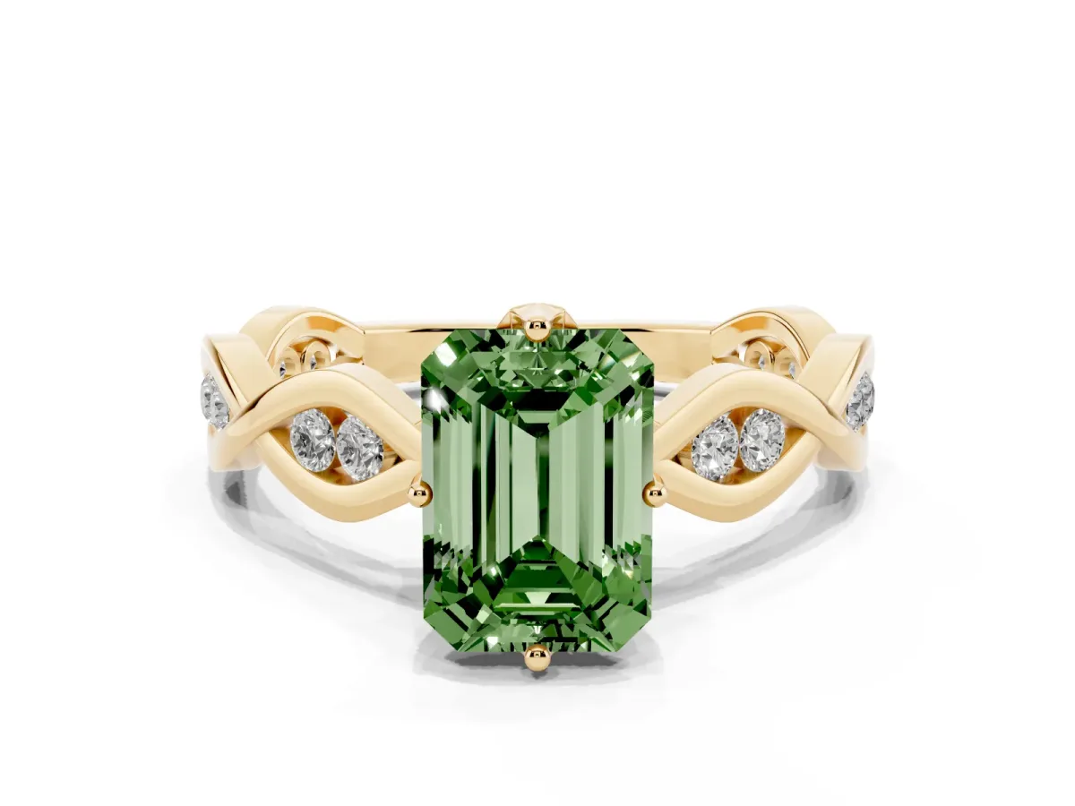 Fancy Green Emerald Cut Solitaire Twist Band with Leaf Prong Setting Yellow gold