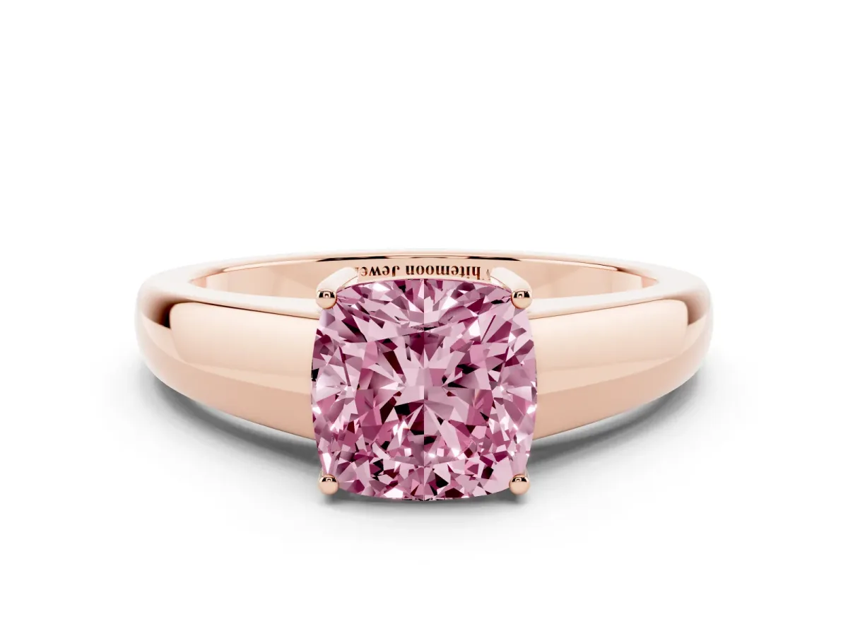 Fancy Pink Cushion Cut Solitaire Diamond Ring with Tapered Band and Four-Prong Setting Rose gold