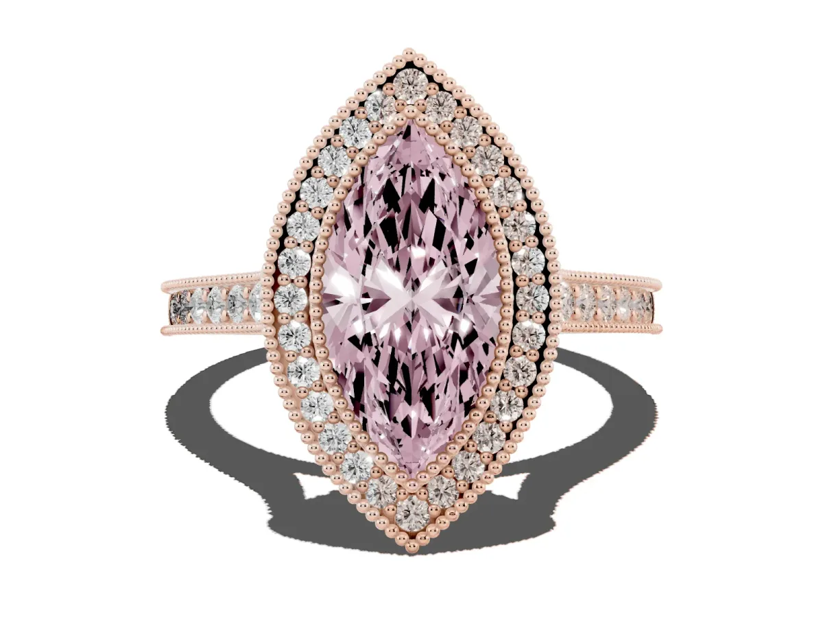 Fancy Pink Halo Marquise Cut-Cut Diamond Pave Band Milgrain Prong Setting Ring Rose gold