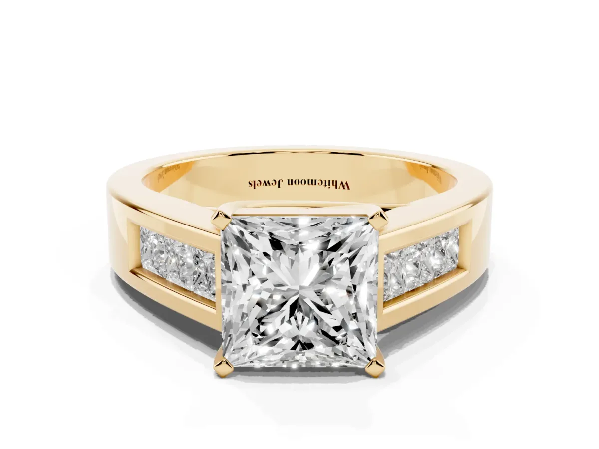 Princess Cut Cut Channel Set Solitaire Ring with Four-Prong Setting Yellow gold