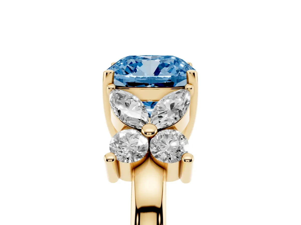 Fancy Blue Cushion Cut Diamond Floral Cluster Ring with Solitaire Band and Prong Setting Yellow gold