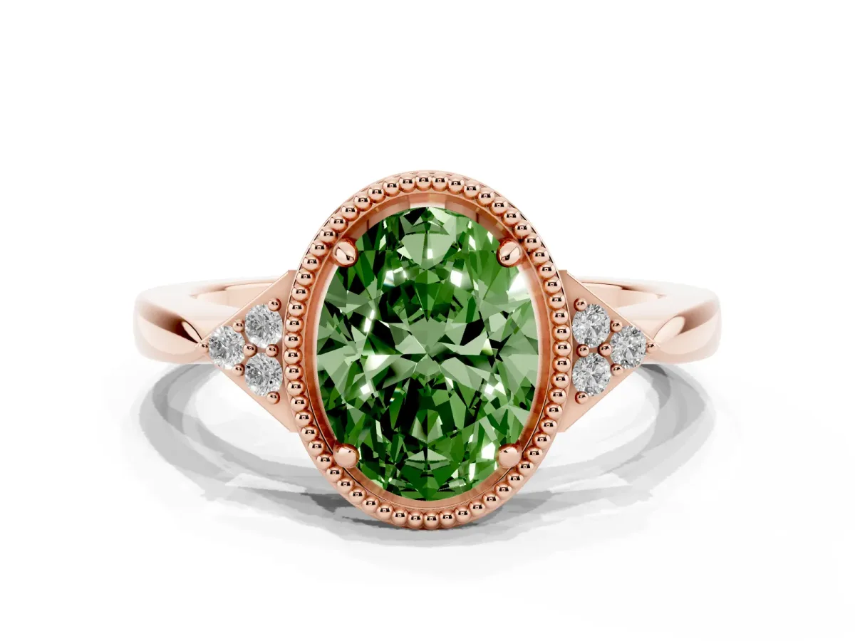 Fancy Green Hexagonal Halo Oval Cut Diamond Solitaire with Pavé Band and Four-Prong Setting Rose gold