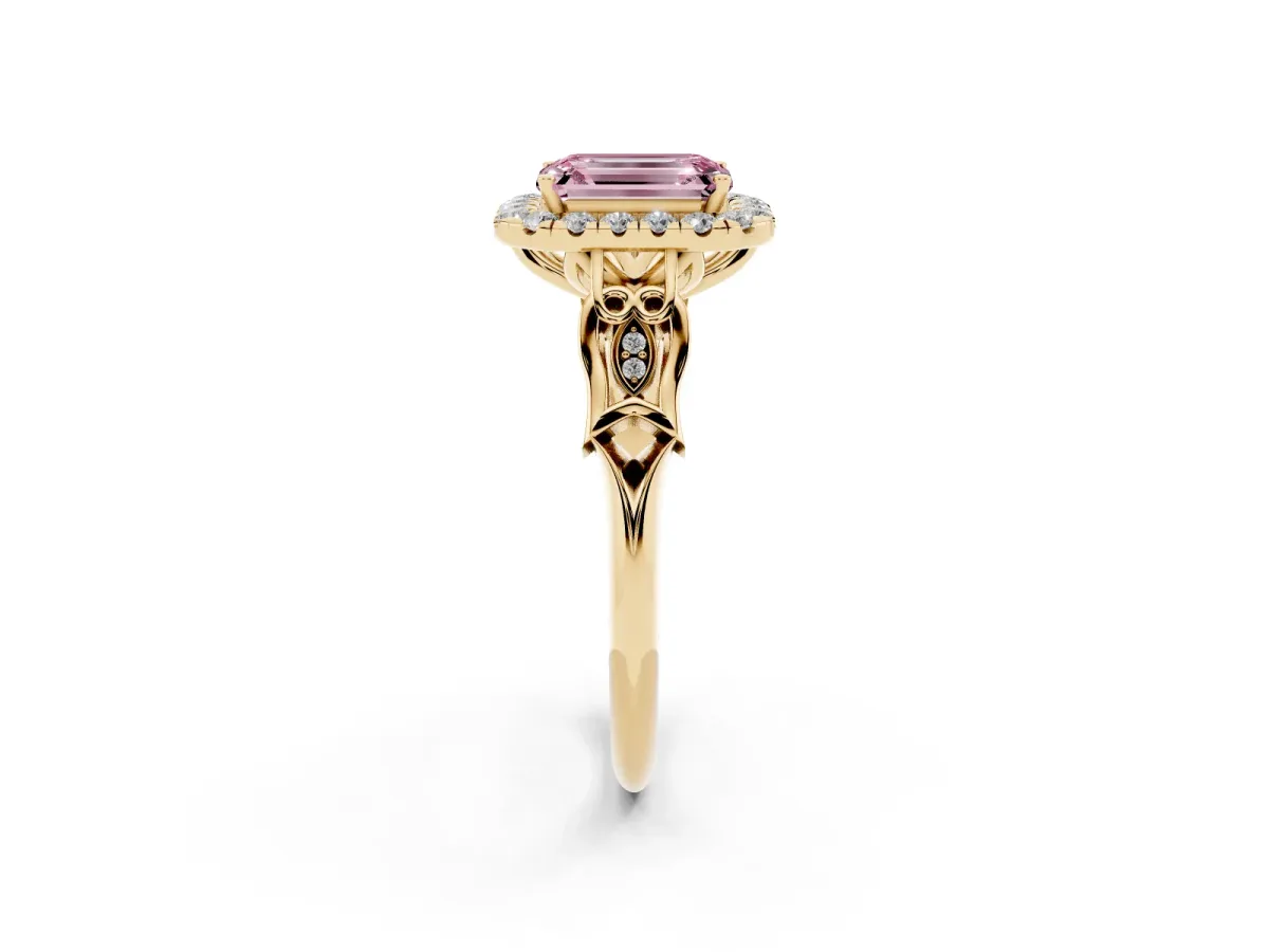 Fancy Pink Emerald Cut Halo Diamond Engagement Ring with Filigree Band and Four-Prong Setting Yellow gold