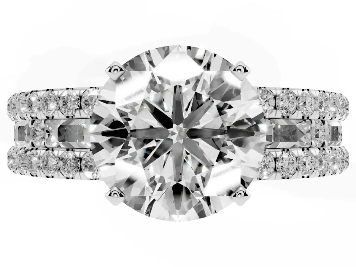 Round Cut Diamond Solitaire Ring with Pavé and Channel Set Band Silver