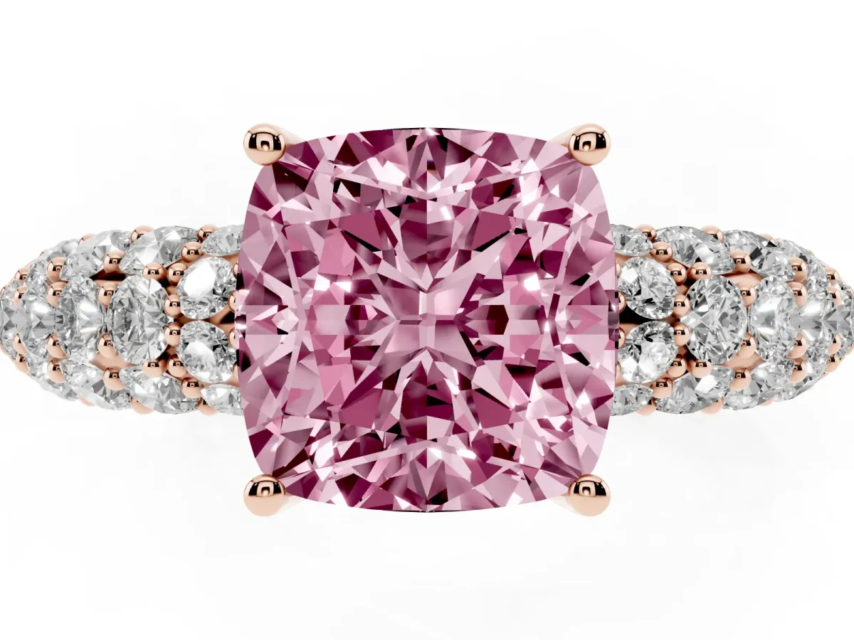 Fancy Pink Cushion Cut Diamond Pavé Band Solitaire Ring with Four-Prong Setting Rose gold