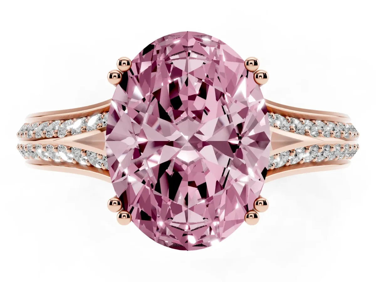 Fancy Pink Oval Cut Diamond Split Shank Engagement Ring with Pavé Band Rose gold