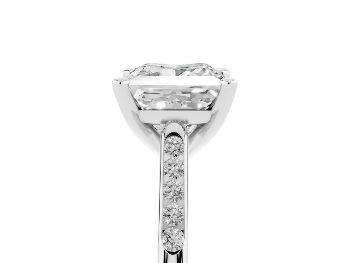 Princess Cut Diamond Solitaire Ring with Channel Set Round Band and Prong Setting Silver