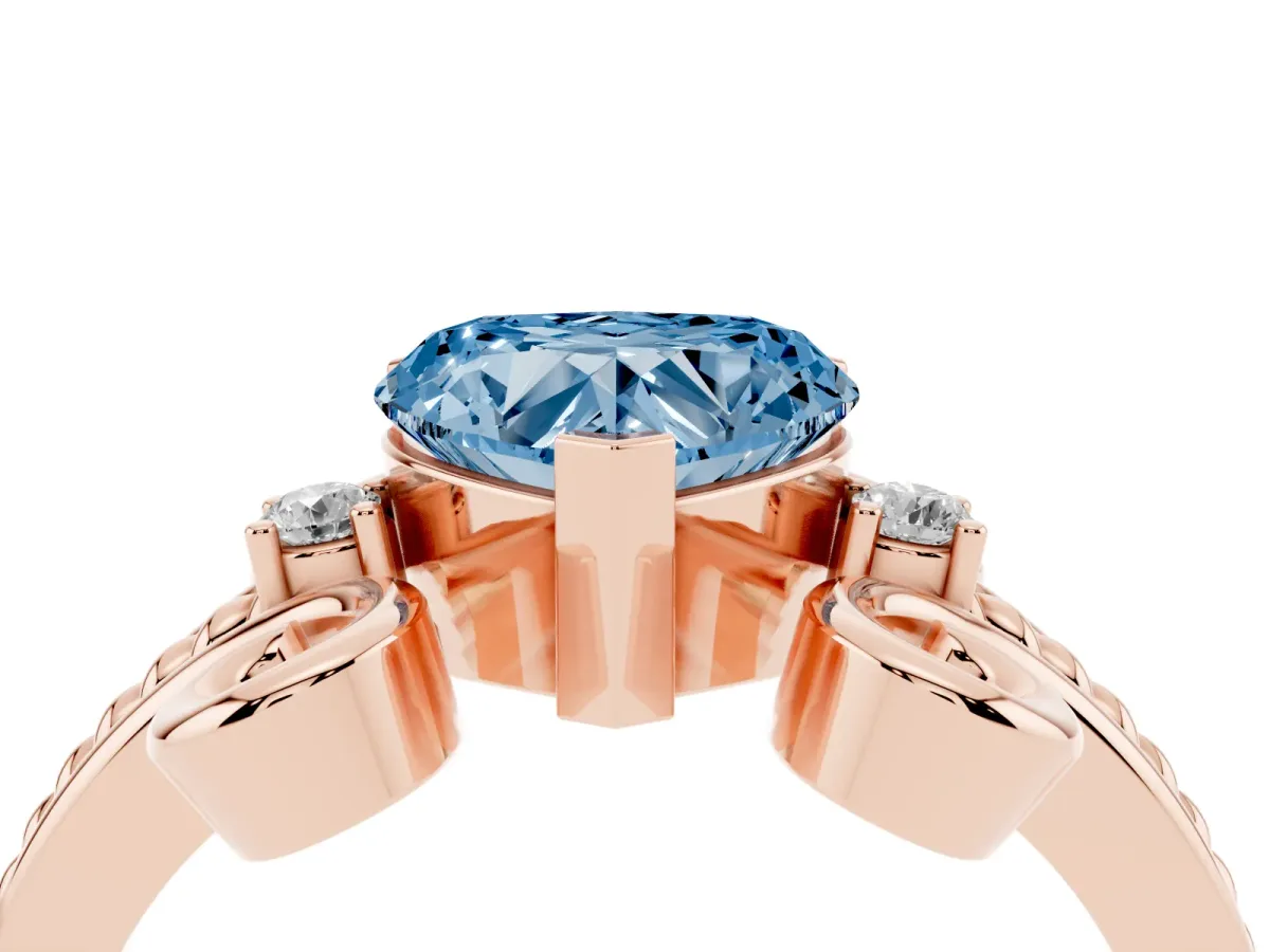 Fancy Blue Heart Cut Solitaire Twisted Band Scroll Prong Ring Rose gold