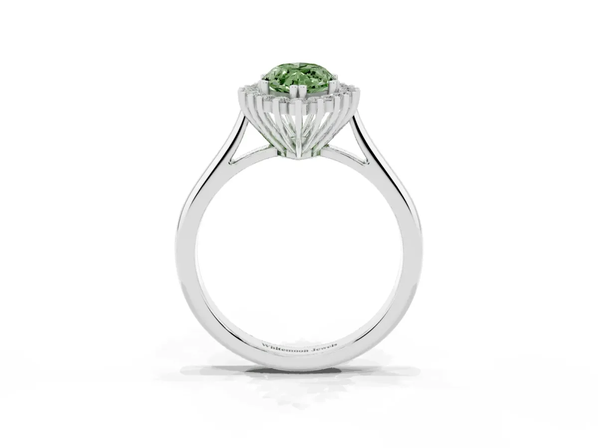 Fancy Green Marquise Cut Cut Diamond Halo Ring with Solitaire Band and Prong Setting Platinum