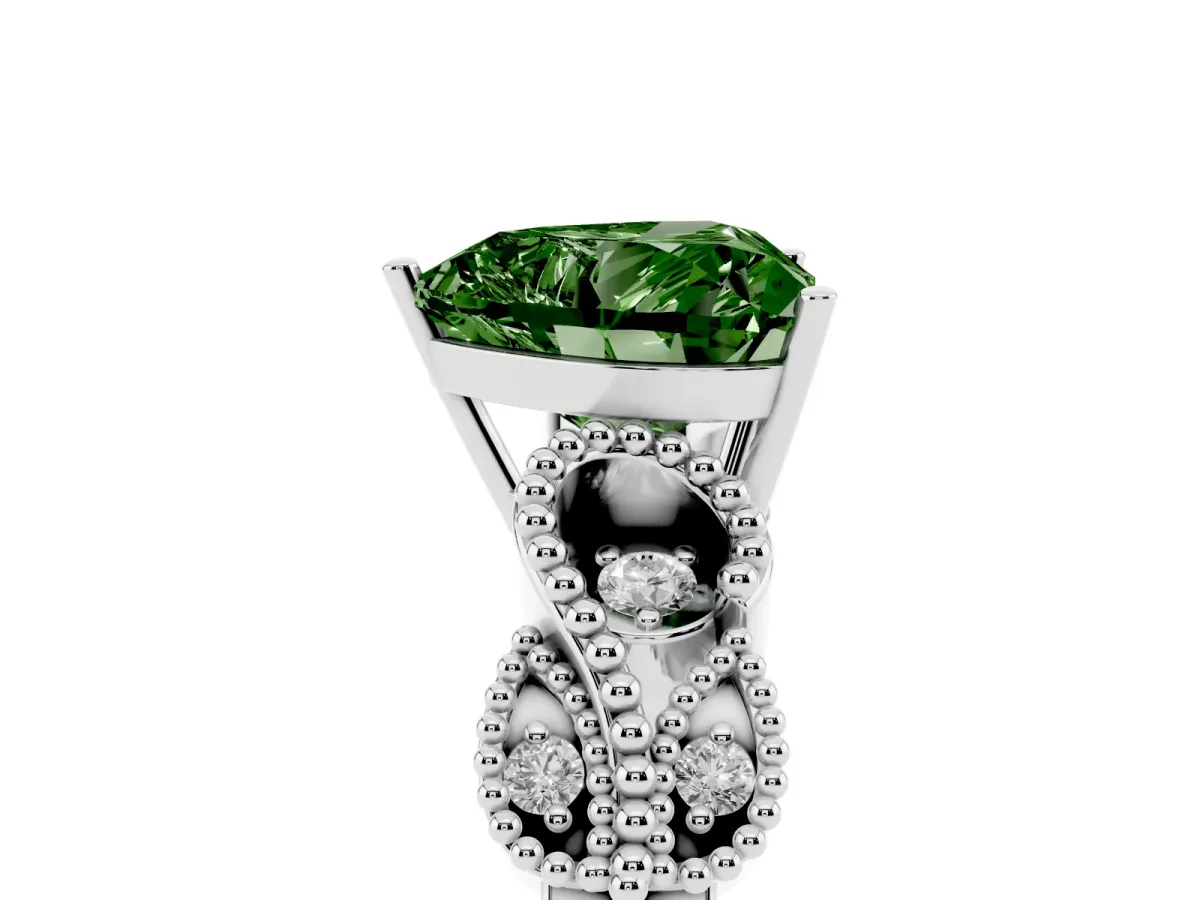 Fancy Green Heart Cut Solitaire Milgrain Leaf Band with Prong Setting Silver