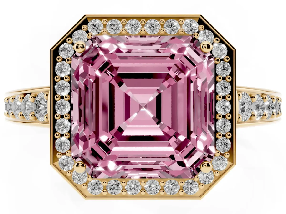 Fancy Pink Asscher Cut Halo Pavé Diamond Engagement Ring with Bezel Setting Yellow gold