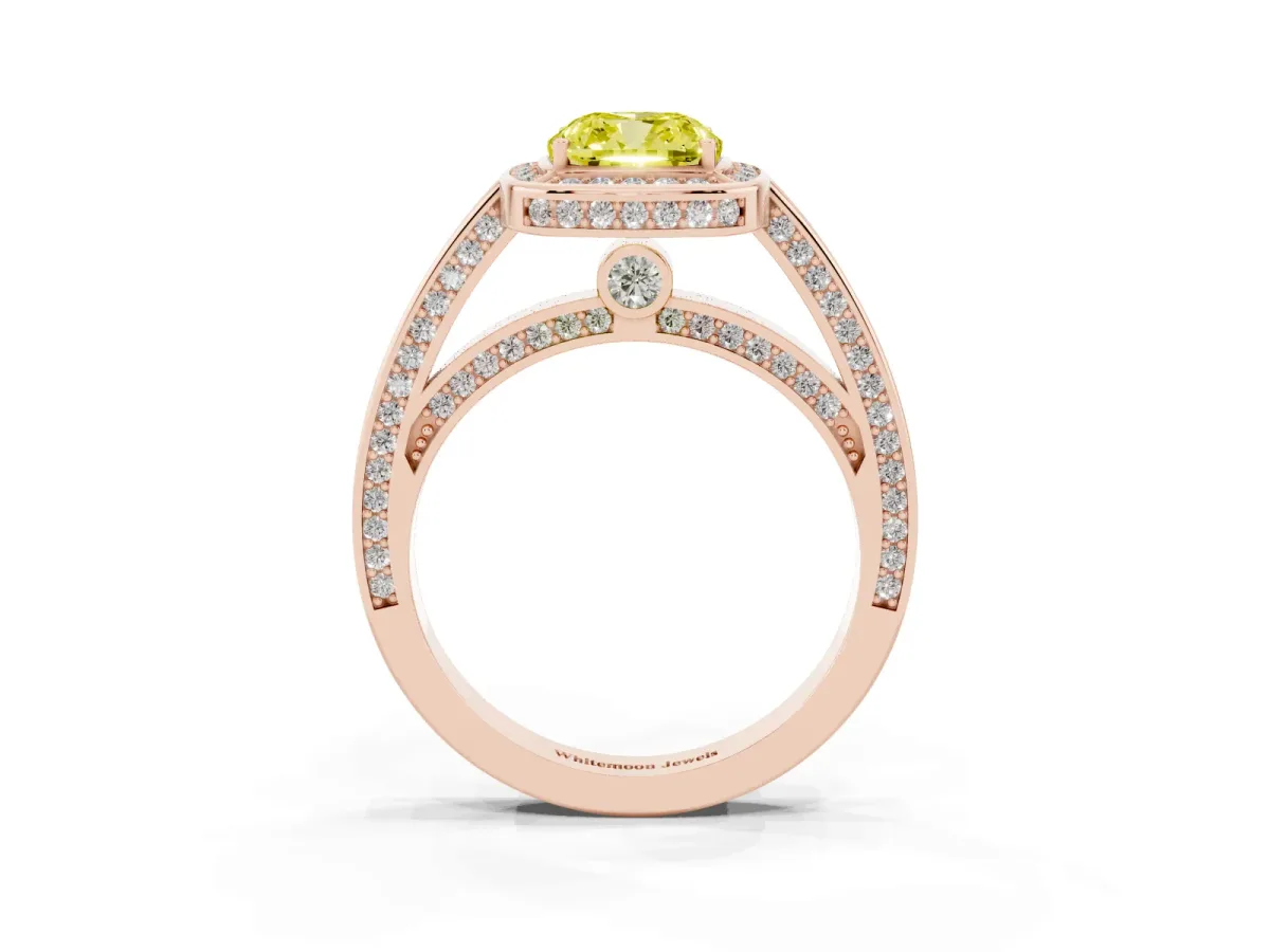 Fancy Yellow Cushion Cut Cut Halo Pave Split Shank Prong Setting Ring Rose gold