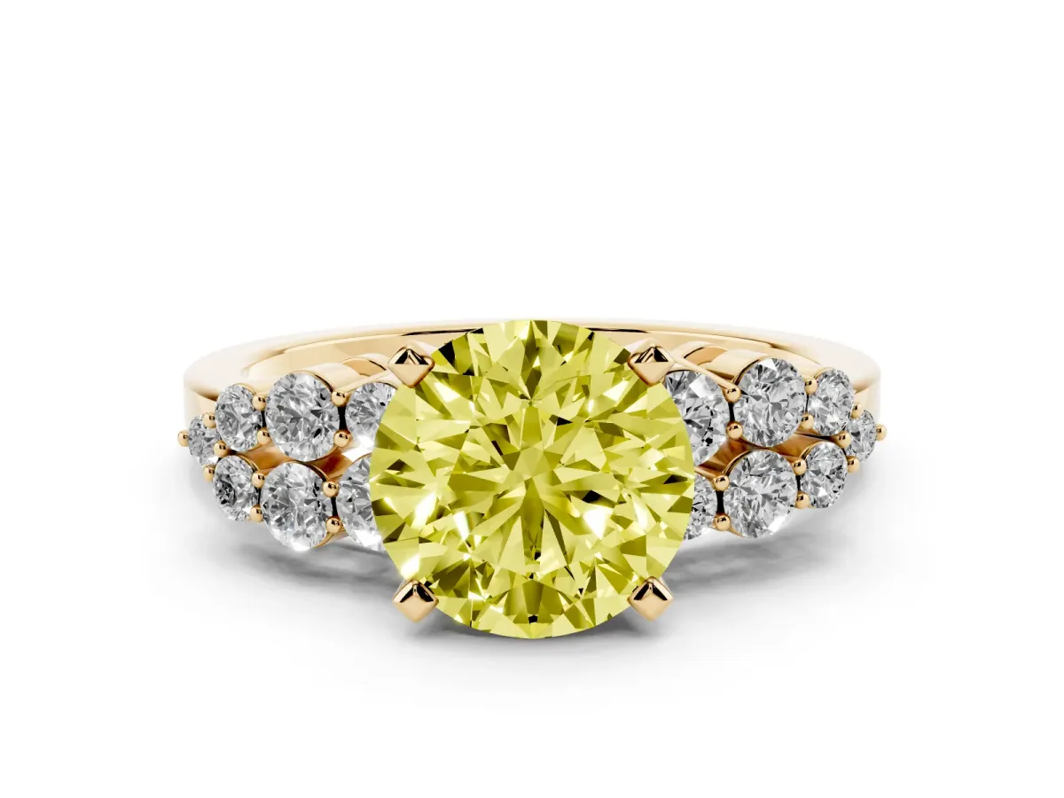 Fancy Yellow Round Cut Cluster Diamond Engagement Ring with Pavé Band and Four-Prong Setting Yellow gold