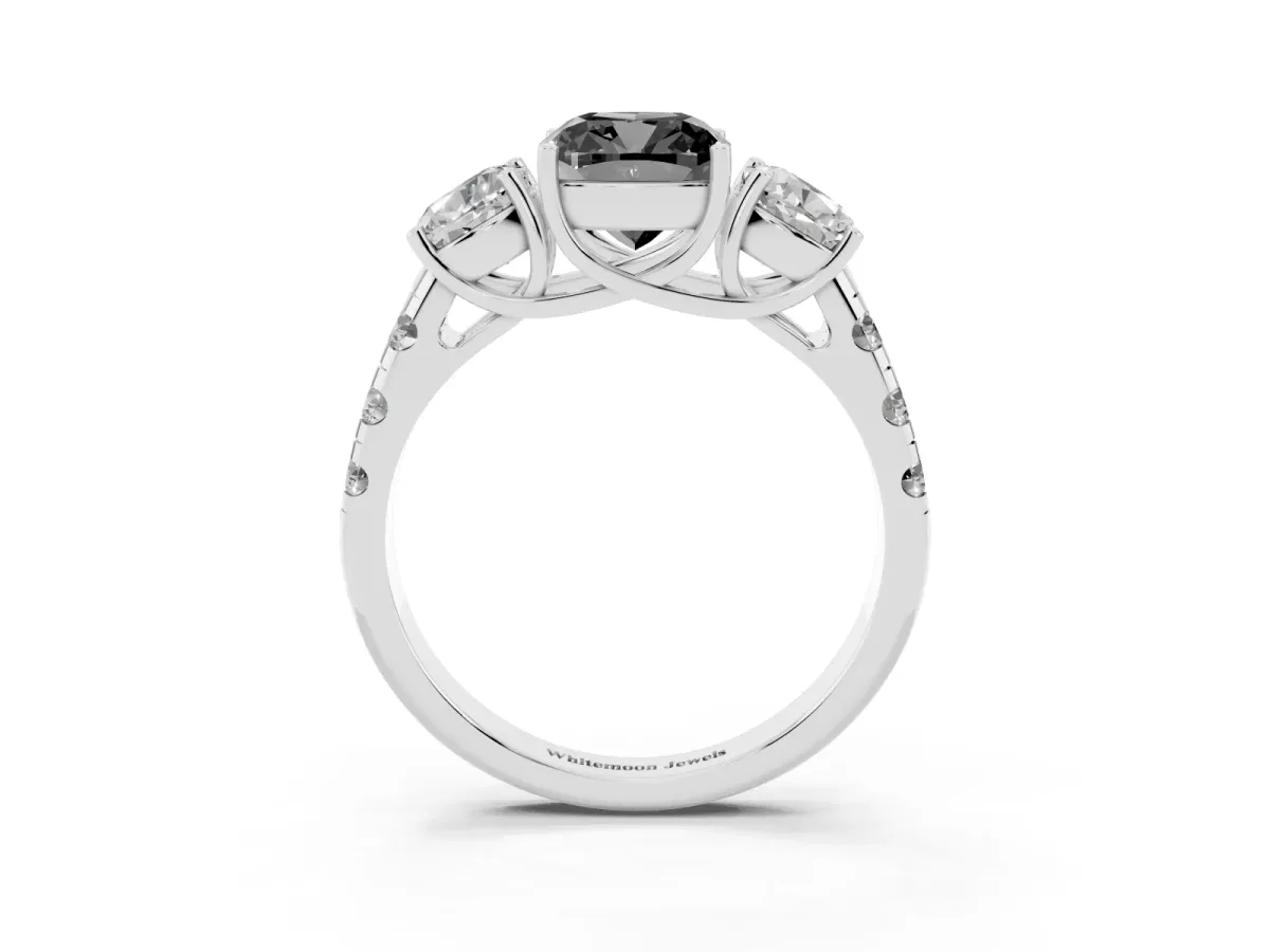 Fancy Black Three-Stone Cushion Cut Diamond Pavé Band with Prong Setting Platinum