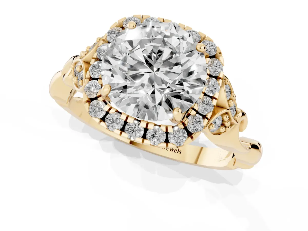 Round Cut Halo Diamond Engagement Ring with Vintage-Inspired Band and Four-Prong Setting Yellow gold
