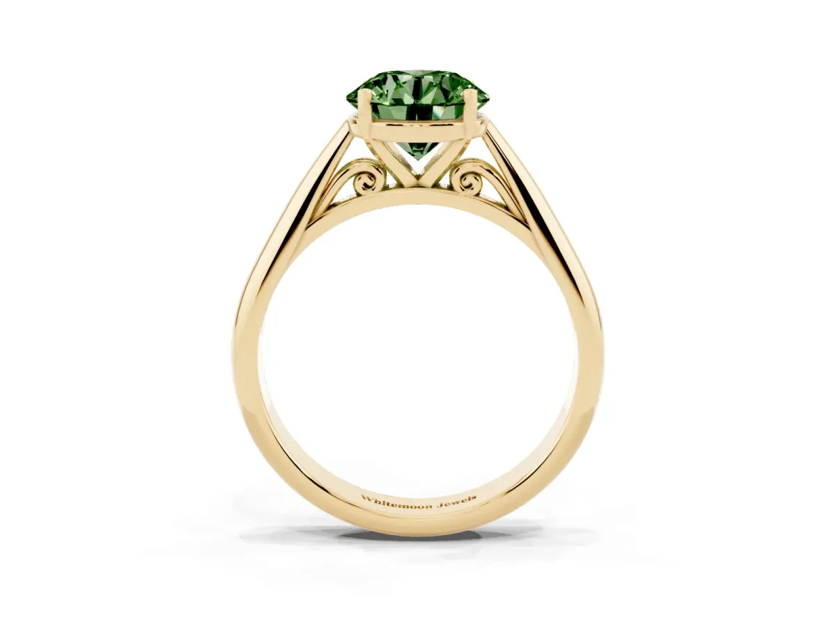Fancy Green Round Cut Diamond Solitaire Engagement Ring with Cathedral Setting and Four-Prong Mount Yellow gold