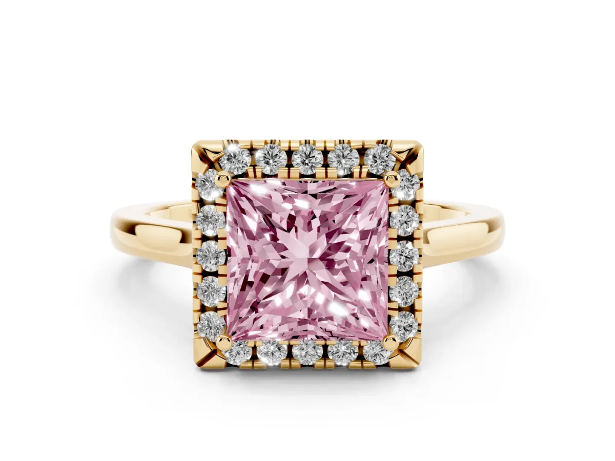 Fancy Pink Princess Cut Halo Round Diamond Solitaire Ring with Pavé Band and Four-Prong Setting Yellow gold